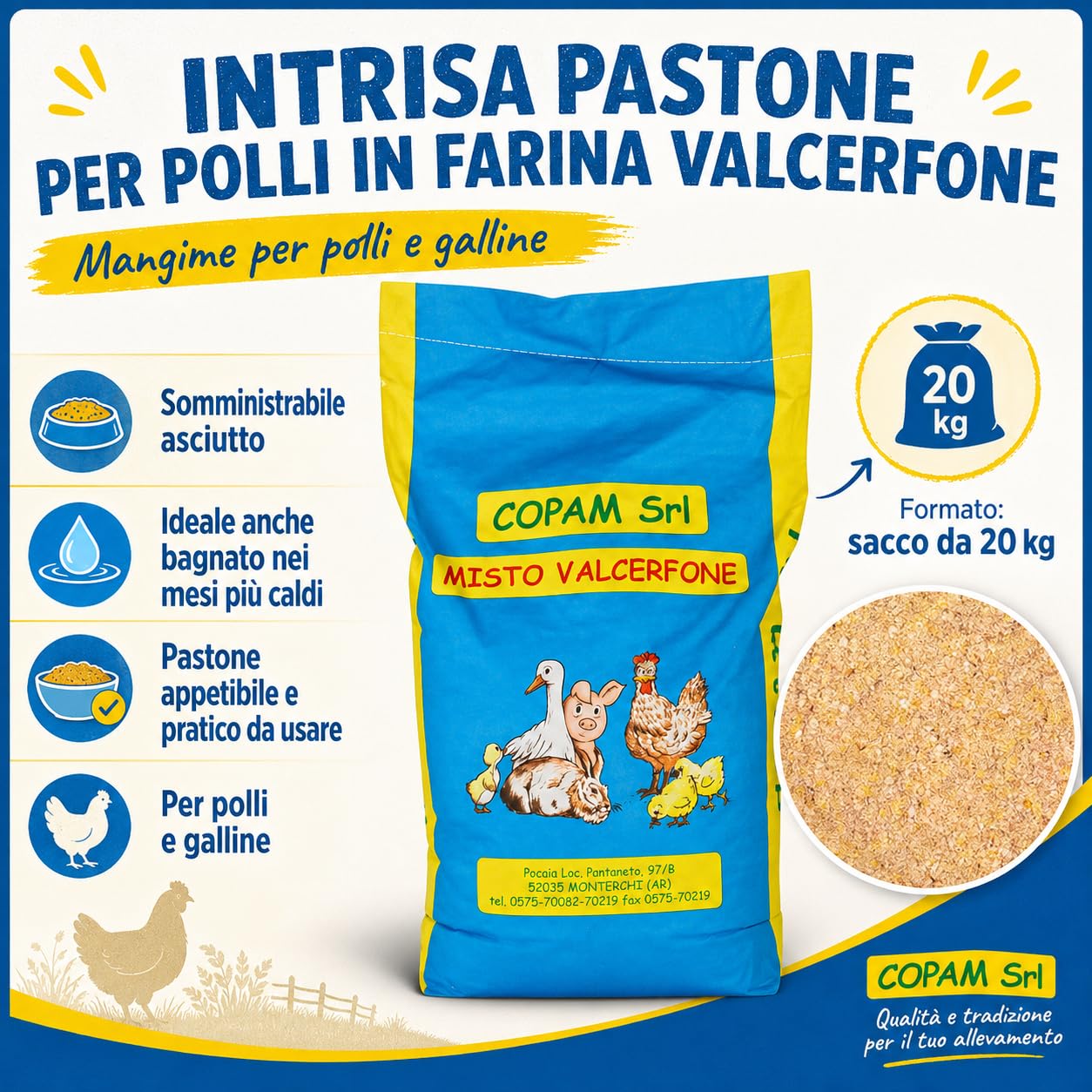 Intrisa per Polli e Galline | Misto Valcerfone per Avicoli | Pastone da bagnare per Polli | Mangime per Galli e Pollastre - 20 kg