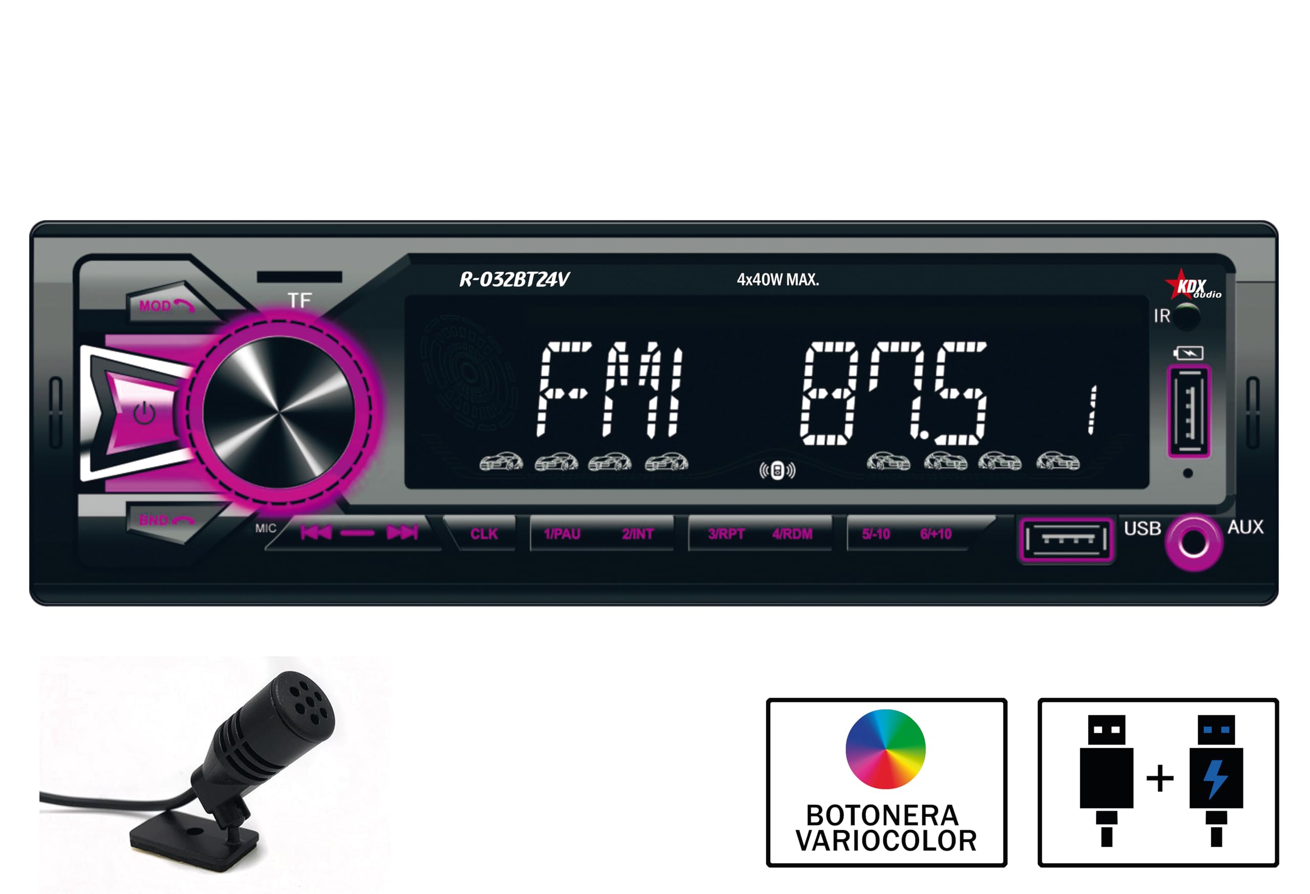 Autoradio para Coche KDX-Audio R-032BT24V. Reproductor MP3/WMA con Bluetooth Manos Libres y Stream de Audio. Iluminación botonera Variable. USB en Panel Frontal con función de Carga y Voltaje 24V