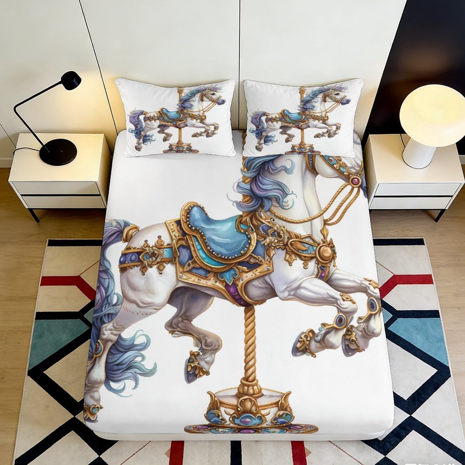 3D Printed Carousel Horse Fitted Sheet Microfiber Soft Bed Sheet Retro Fairground Mattress Cover for Bedroom Decor 90x200x25cm