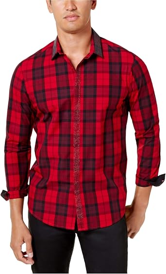 INC International Concepts Mens Beaded-Trim Plaid Shirt Red Large