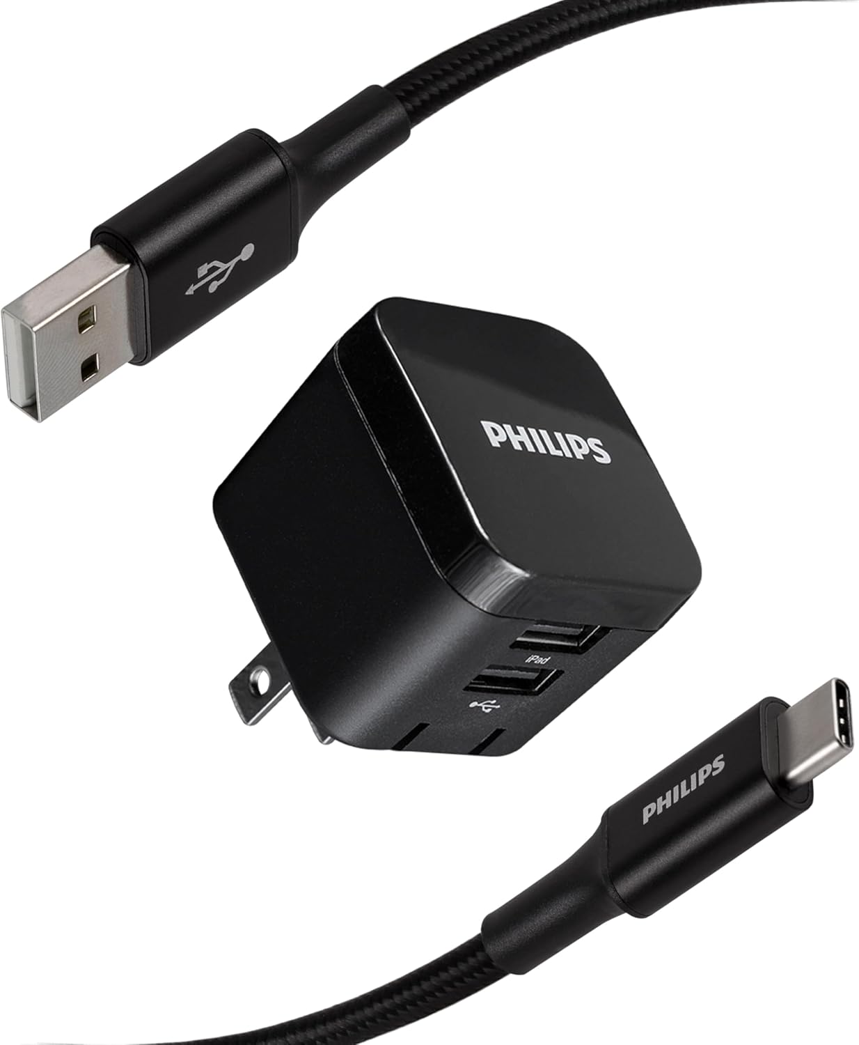 Philips USB Wall Charging Kit, 12W USB A to C Charger Block with 6ft Braided Cord Foldable Plug DLP6212C/37