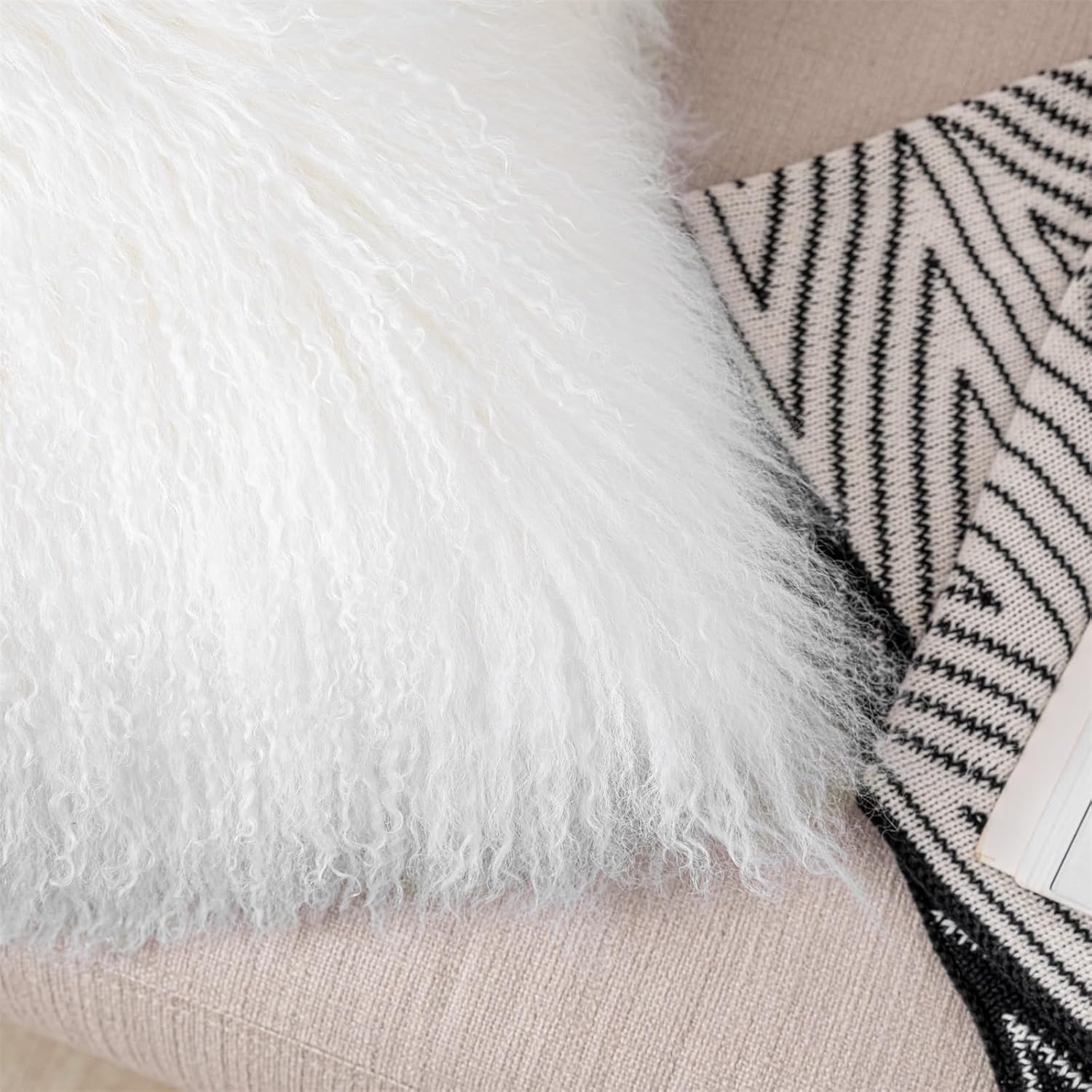 Mongolian Lamb Fur Throw Pillow Cover (16'' x 16'', White) Real Fur Decorative Cushion Cover Pillow Case for Living Room Bedroom