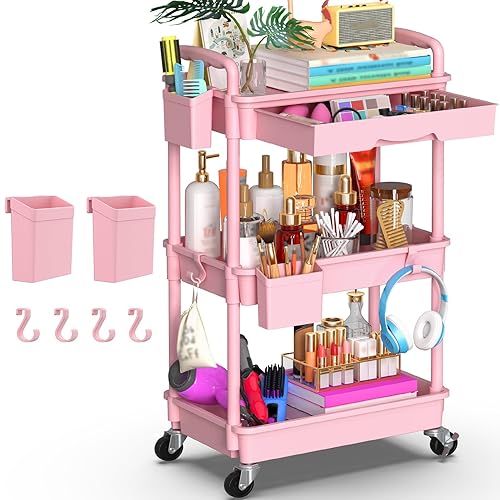Goovilla 3 Tier Rolling Utility Cart Organizer with Removable Drawer, Stable and Sturdy Pink Rolling Storage Carts with 2 Lockable Wheels for Bathroom, Kitchen, Snack, Craft, Makeup, Baby Essentials - Pink - 3 Tier