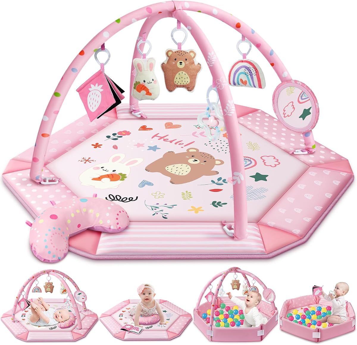 Baby Gym Play Mat, 8-in-1 Tummy Time Mat & Ball Pit with 6 Toys, Washable Baby Activity Mat for Visual, Hearing, Sensory, Motor Development, Babies Gift for Newborn Infant 0-3-6-9-12 Months (Pink)