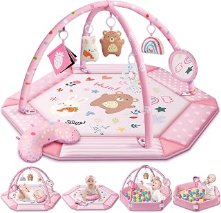 Jyusmile 8-in-1 Baby Gym Play Mat Pink - Tummy Time Mat Ball Pit with 6 Toys for Newborn Sensory Development 0-12 Months