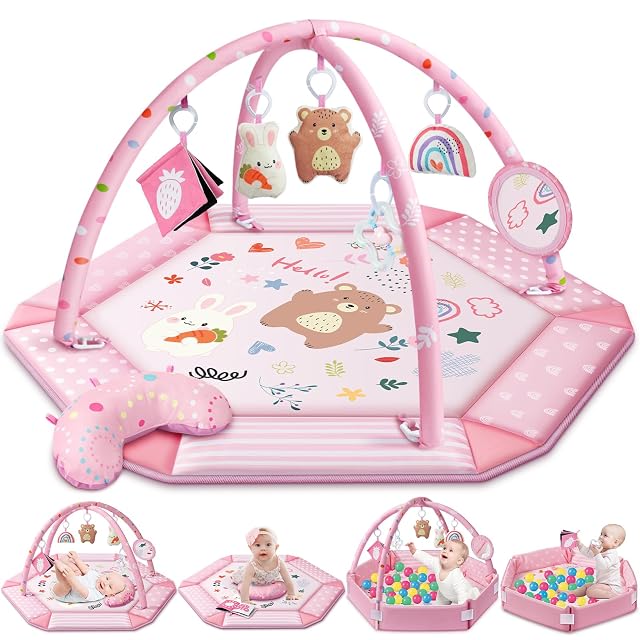 Baby Gym Play Mat 8-in-1 Tummy Time Mat Ball Pit with 6 Toys Washable Baby Activity Mat for