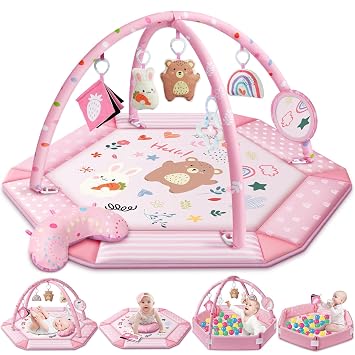 Baby Gym Play Mat, 8-in-1 Tummy Time Mat & Ball Pit with 6 Toys, Washable Baby Activity Mat for Visual, Hearing, Sensory, Motor Development, Babies Gift for Newborn Infant 0-3-6-9-12 Months Pink