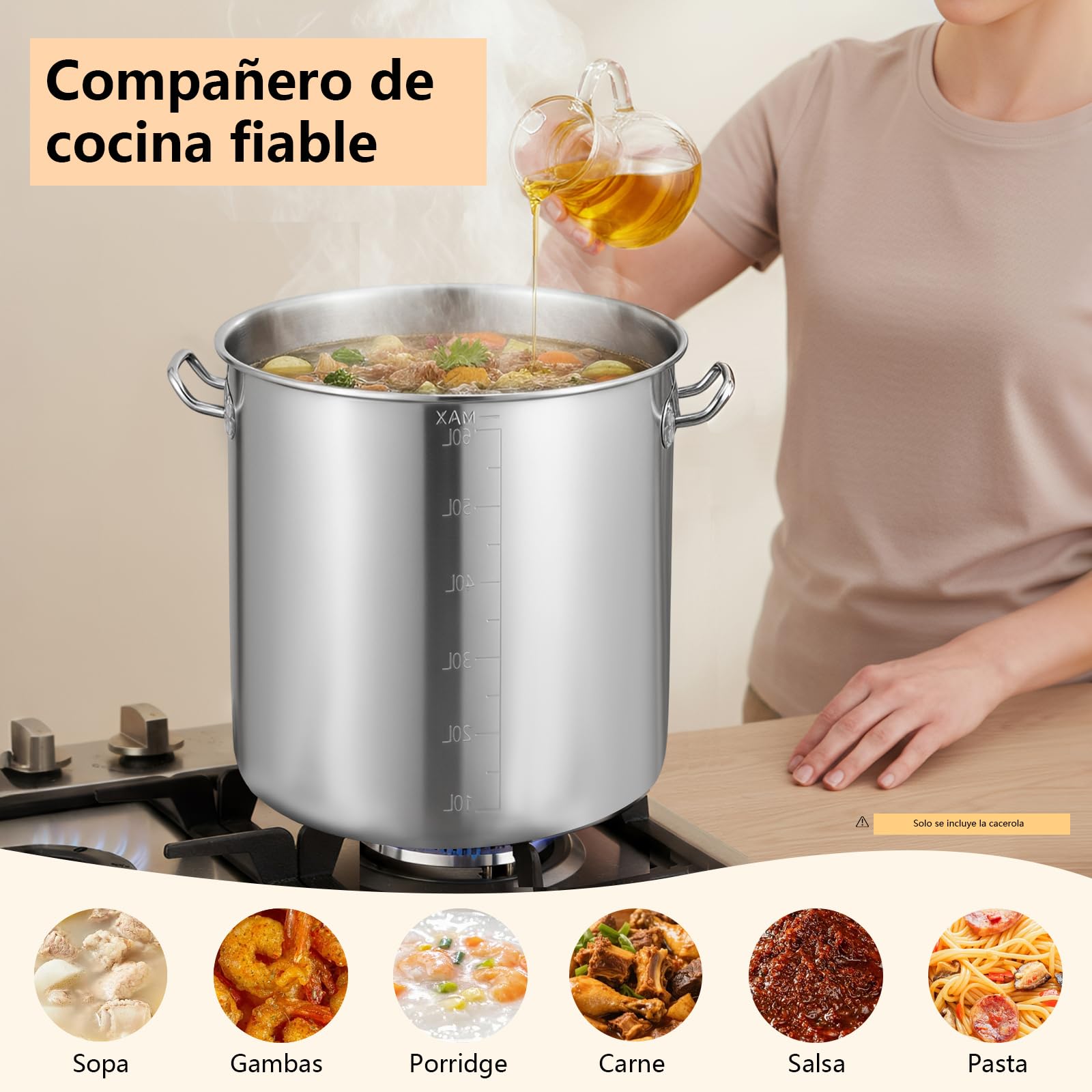 Olla grande de acero inoxidable de 70 L, con asas, diámetro de 45 cm, altura: 45 cm, tapa de fregadero, superficie pulida, olla grande de acero inoxidable para cocinas de gas, cocinas