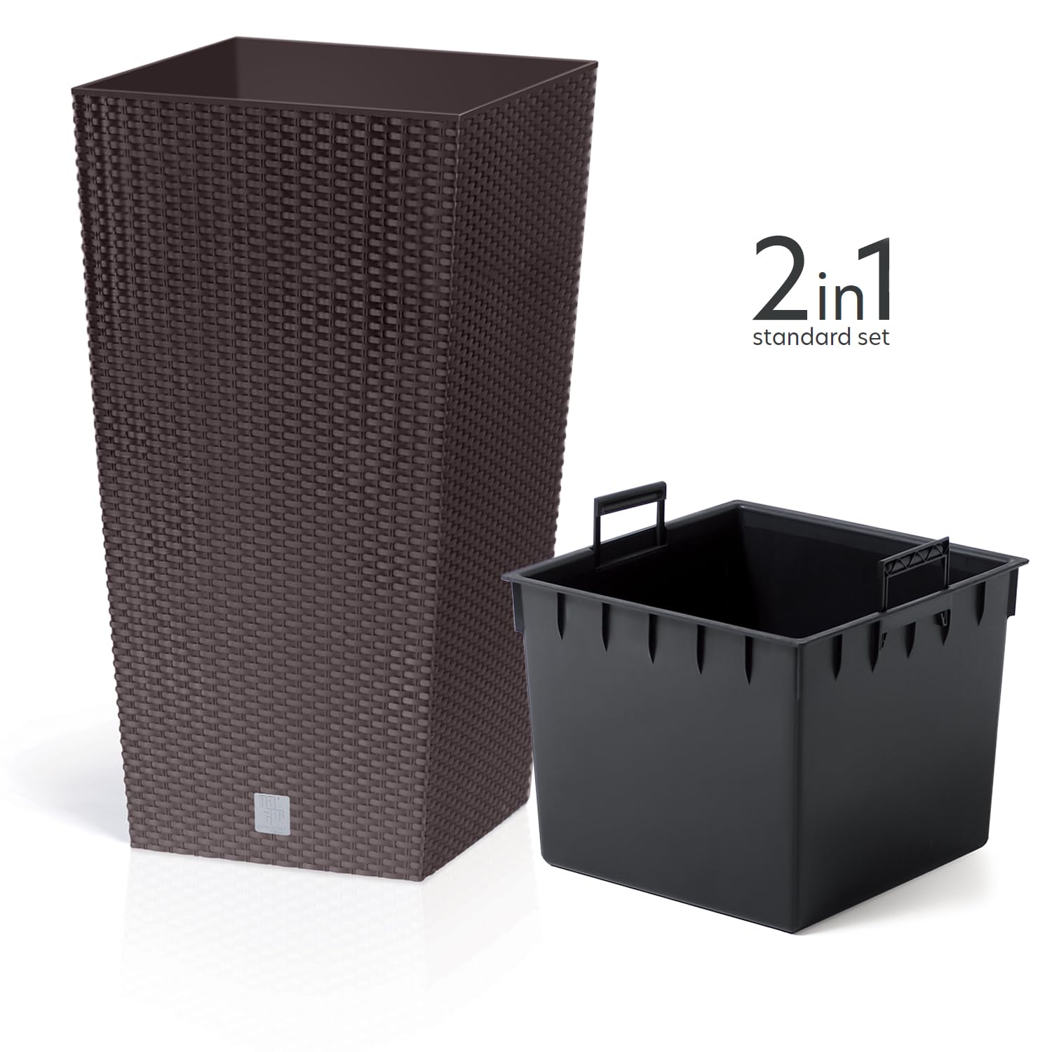 Blumenkübel DRTS H42,1 – Quadratisch, Weiß, Rattan-Optik, 16,3 Liter, Mit Einsatz (22,5 X 22,5 X 42,1 Cm)