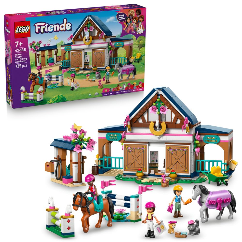 LEGO Friends Stadnina i szkółka jeździecka 42688 | Stadnina, zestaw z końmi, prezent dla miłośnika jazdy konnej 7+, 735 elementów