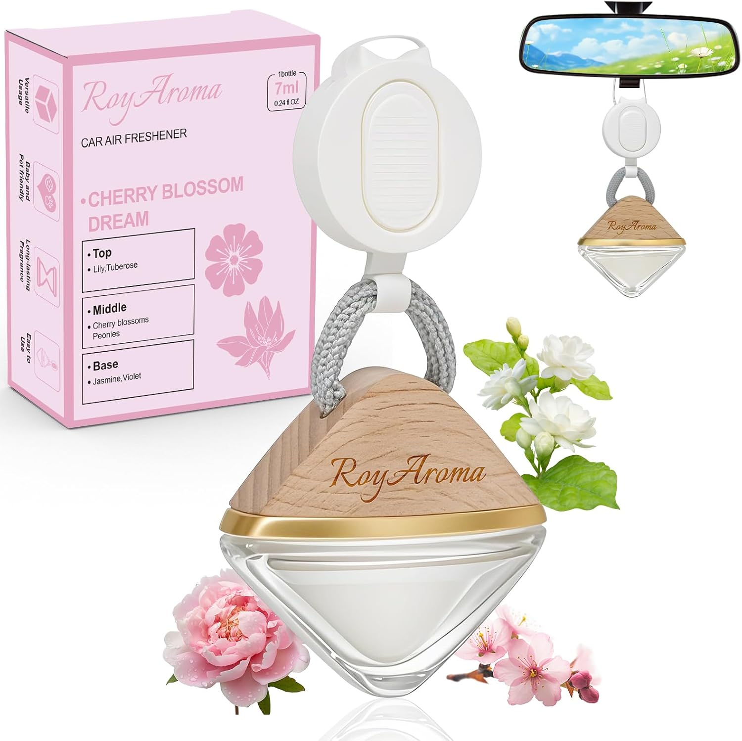 A wooden hanging bottle car diffuser