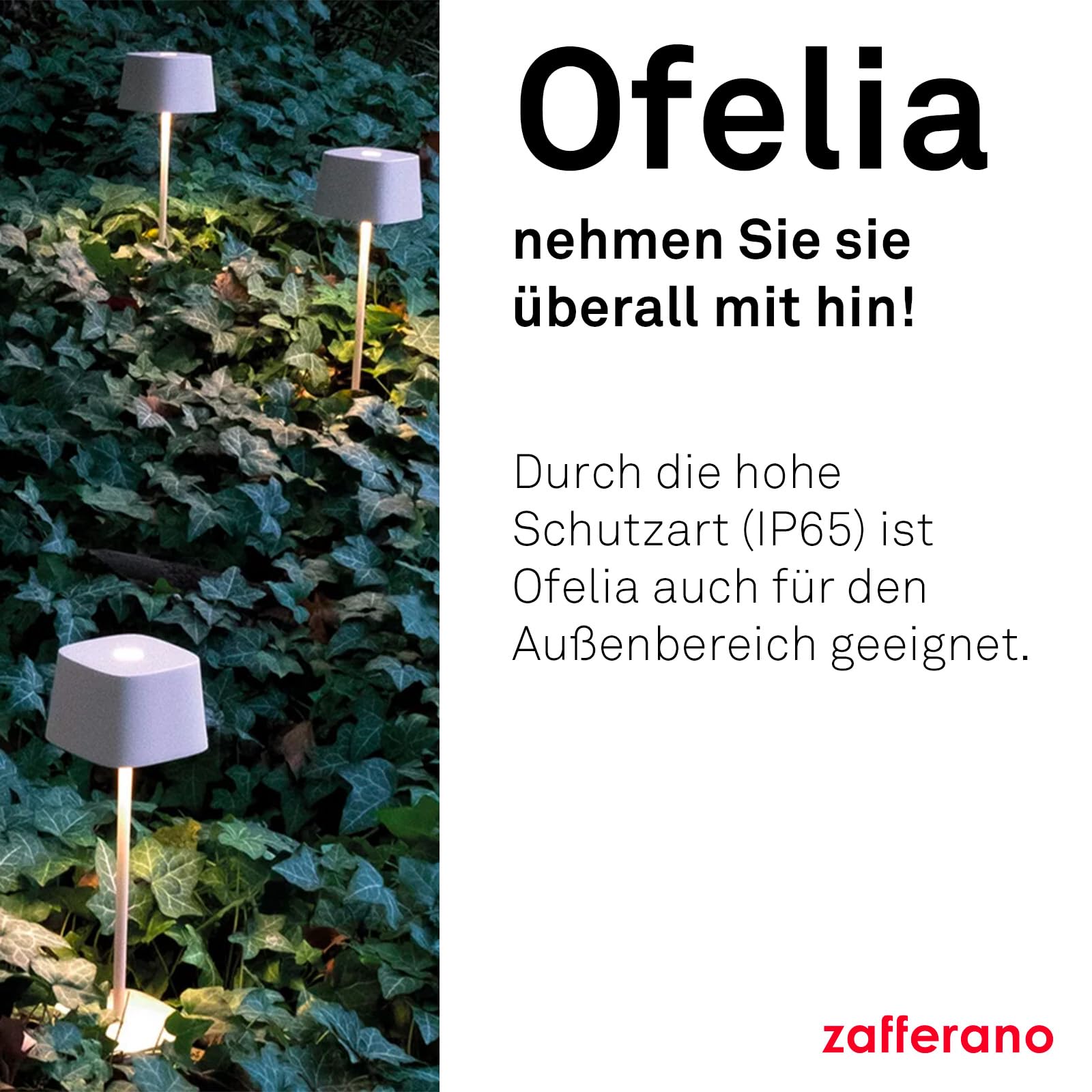 Zafferano, Ofelia Lampe, Kabellose, Wiederaufladbare Tischlampe mit Touch Control, Auch für den Außenbereich Geeignet, Dimmer, 2200-3000 K, Höhe 29 cm, Farbe Salbei