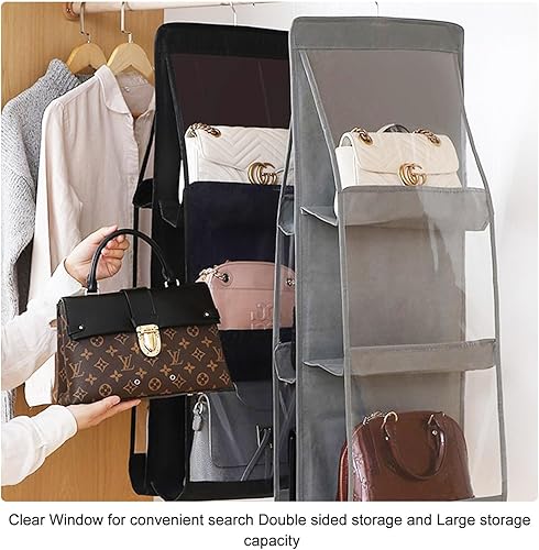 Miniatura 5 de Organizador grande de bolso colgante para armario, 8 bolsillos y ganchos de metal de rotación de 360 grados, armario para colgar bolsos, organizador