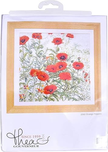 Miniatura 5 de Thea Gouverneur - Kit de punto de cruz, amapolas naranjas, Aida, 16 unidades, kit de bordado para adultos, hilos de bordado DMC y otros suministros