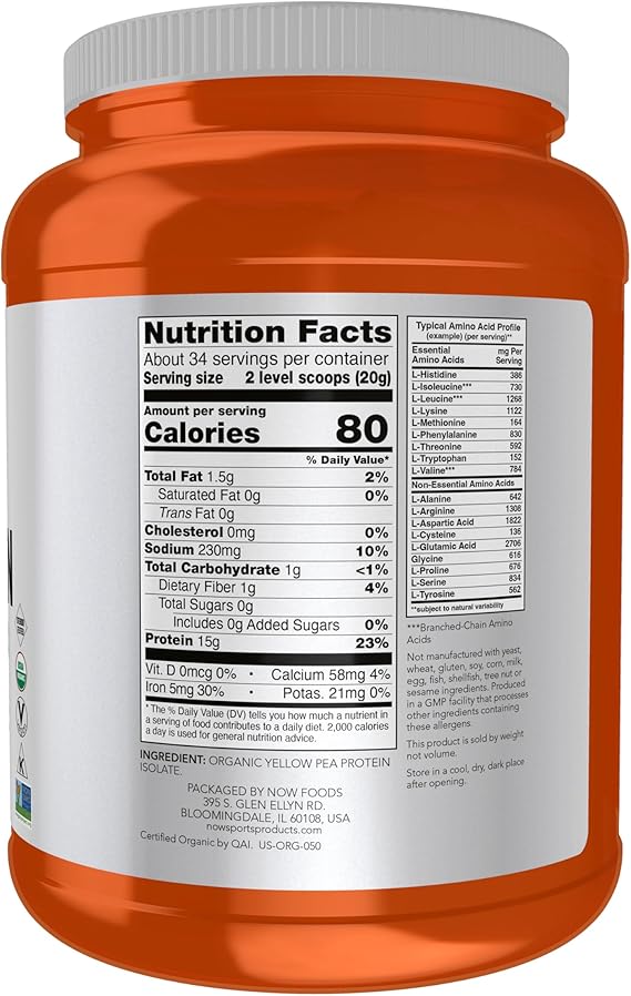 NOW Foods Sports Nutrition, Certified Organic Pea Protein 15 Grams, Unflavored Powder, 1.5-Pound