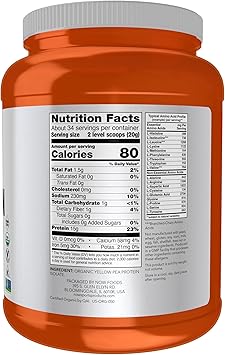 NOW Foods Sports Nutrition, Certified Organic Pea Protein 15 Grams, Unflavored Powder, 1.5-Pound