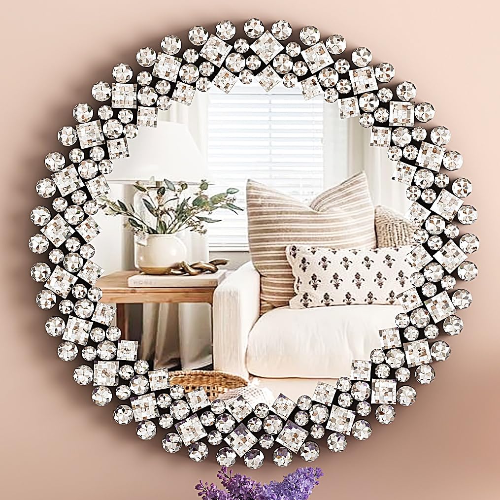 SHYFOY 45cm Runder Spiegel Silber Spiegel Rund Wandspiegel mit luxuriöser Schmuckdekoration für Badezimmer, Waschtisch, Wohnzimmer, Schlafzimmer, Eingang Wanddekoration