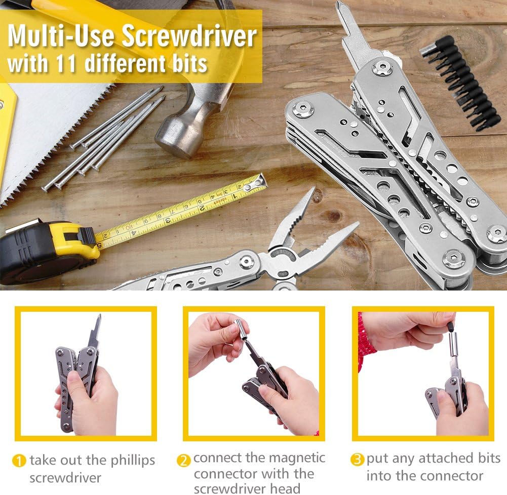 Multitool Pliers Knife Kit, Multitools for Men 24-in-1 Pocket Heavy Duty Stainless Steel Multi-Purpose Tool for Hunting Hiking Camping Outdoor Survival with Multifunctional Bracelet & Nylon Sheath