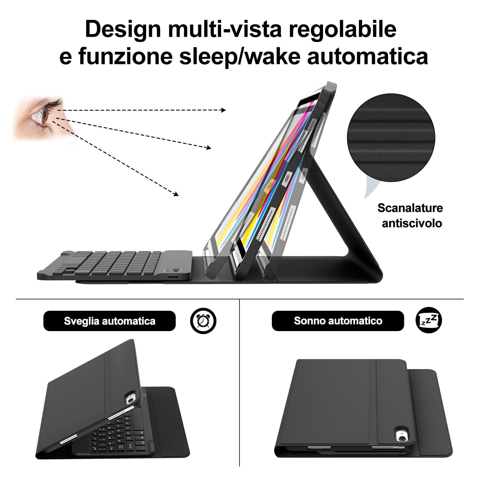 Cover con Tastiera per iPad 11 Gen 2025/10 Gen 2022, Italiano QWERTY, Senza Fili Staccabile Custodia con Portapenna, Nero