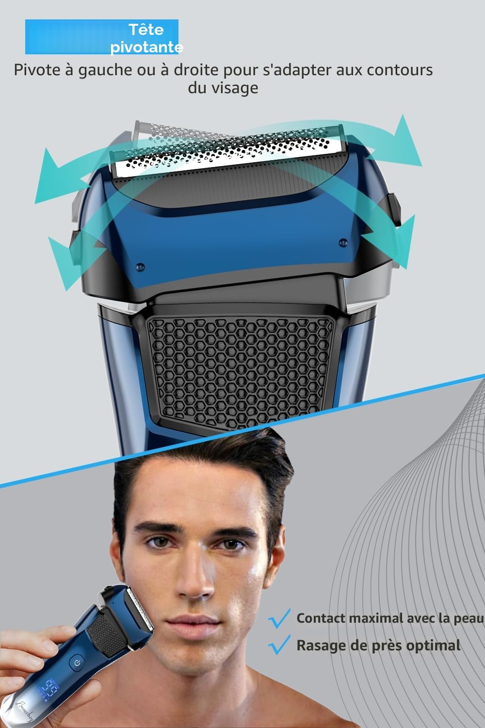 Rasoir Électrique homme avec 3 lames flexibles et étui de voyage, Rasoir Électrique Barbe avec tondeuse de précision, rasoir humide/sec, autonomie de 120 minutes, rechargeable, cadeaux pour hommes