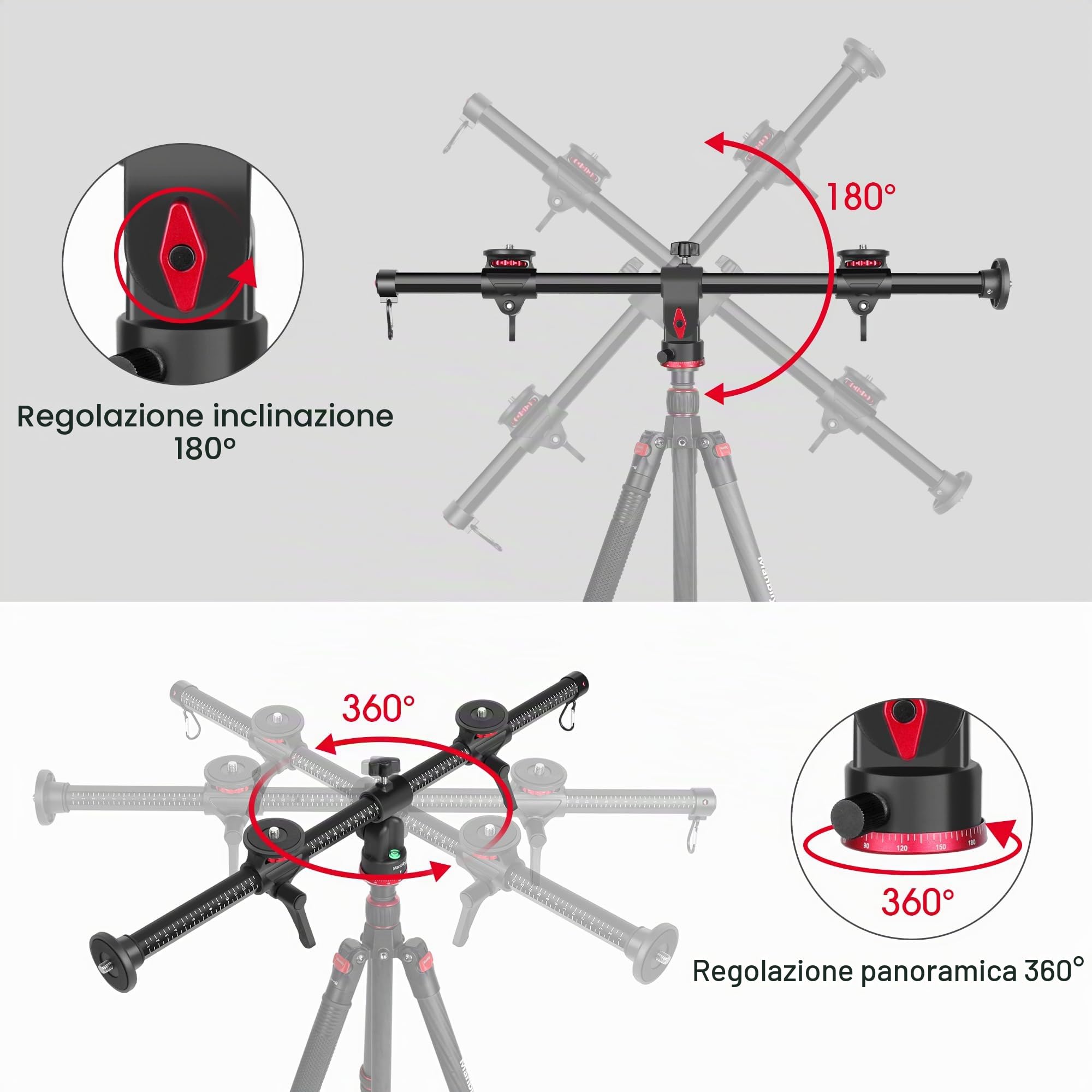 Manbily Braccio di estensione per treppiede, colonna centrale orizzontale da 70,1 cm, barra per accessori per treppiedi in alluminio a tre montaggi, braccio girevole a 360 ° per riprese in testa per