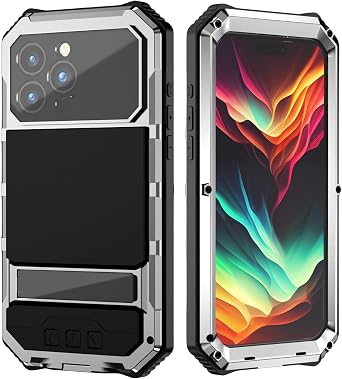 Compatible for iPhone 15 Pro Max 5G Case, Aluminum Metal Gorilla Glass Shockproof Heavy Duty Sturdy Protector Cover,with Sliding Camera Cover and Built-in Foldable Kickstand Silver-III