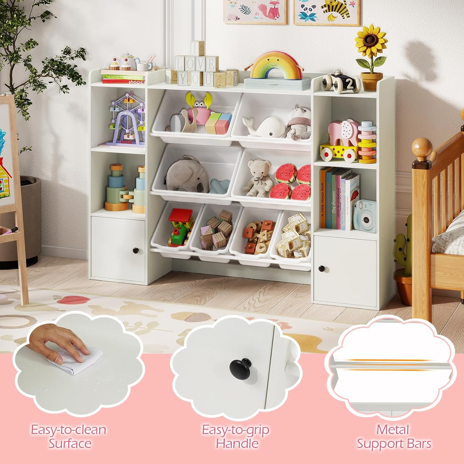 HONEY JOY Kids Toy Storage Organizer, 56.5” L Wooden Bookcase Cabinet w/ 8 Removable Bins, Open Shelves, Cubbies, Kids Display Bookshelf for Bedroom, Playroom, Classroom & Nursery (White)