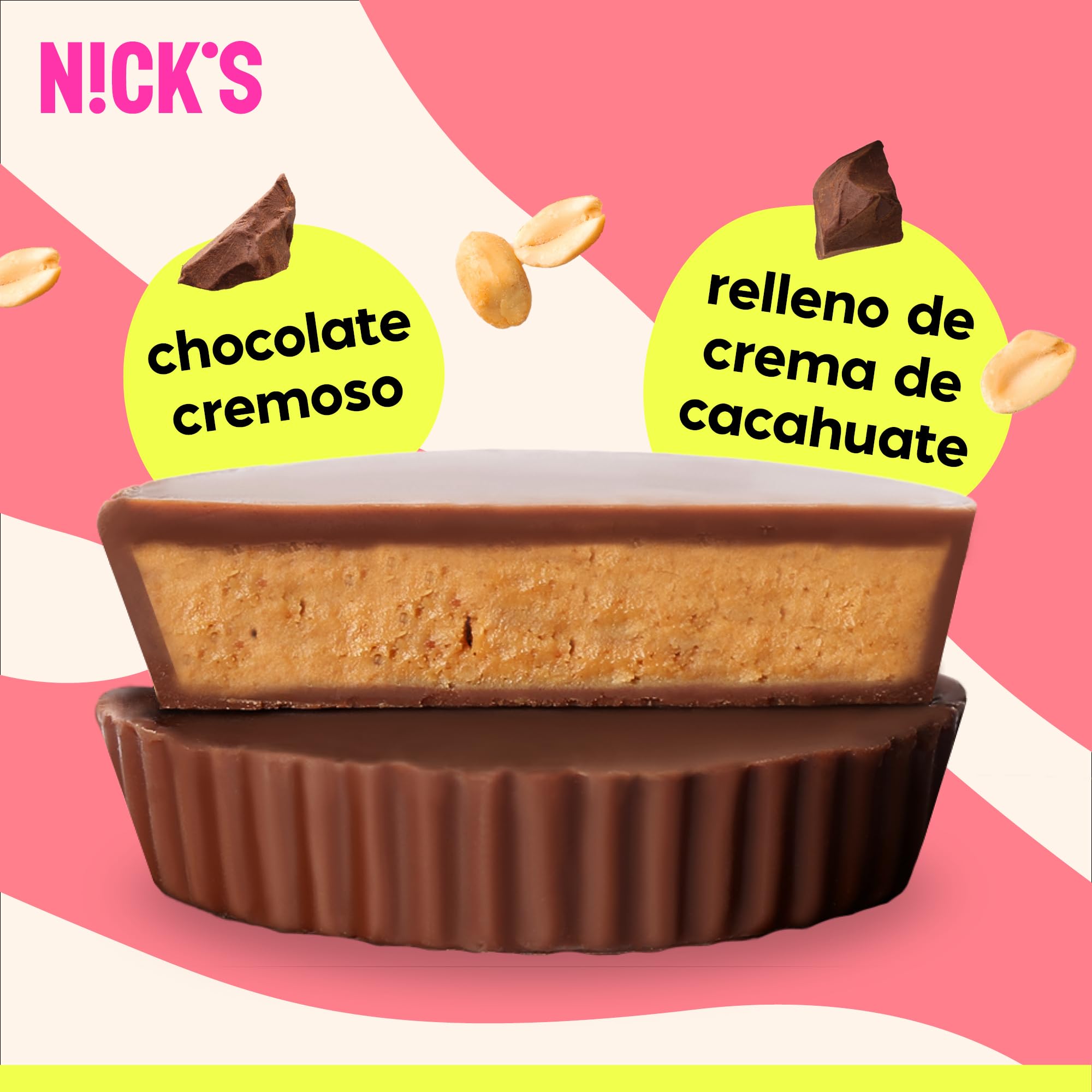 NICKS Peanut Butter Cups, Bombones de Mantequilla de Cacahuete y Chocolate Sin Azúcar, Bajos en Carbohidratos (1,8 Net Carbs), Sin Gluten, Sin Aceite de Palma, Snacks Saludables Keto 12x30g (2x1)