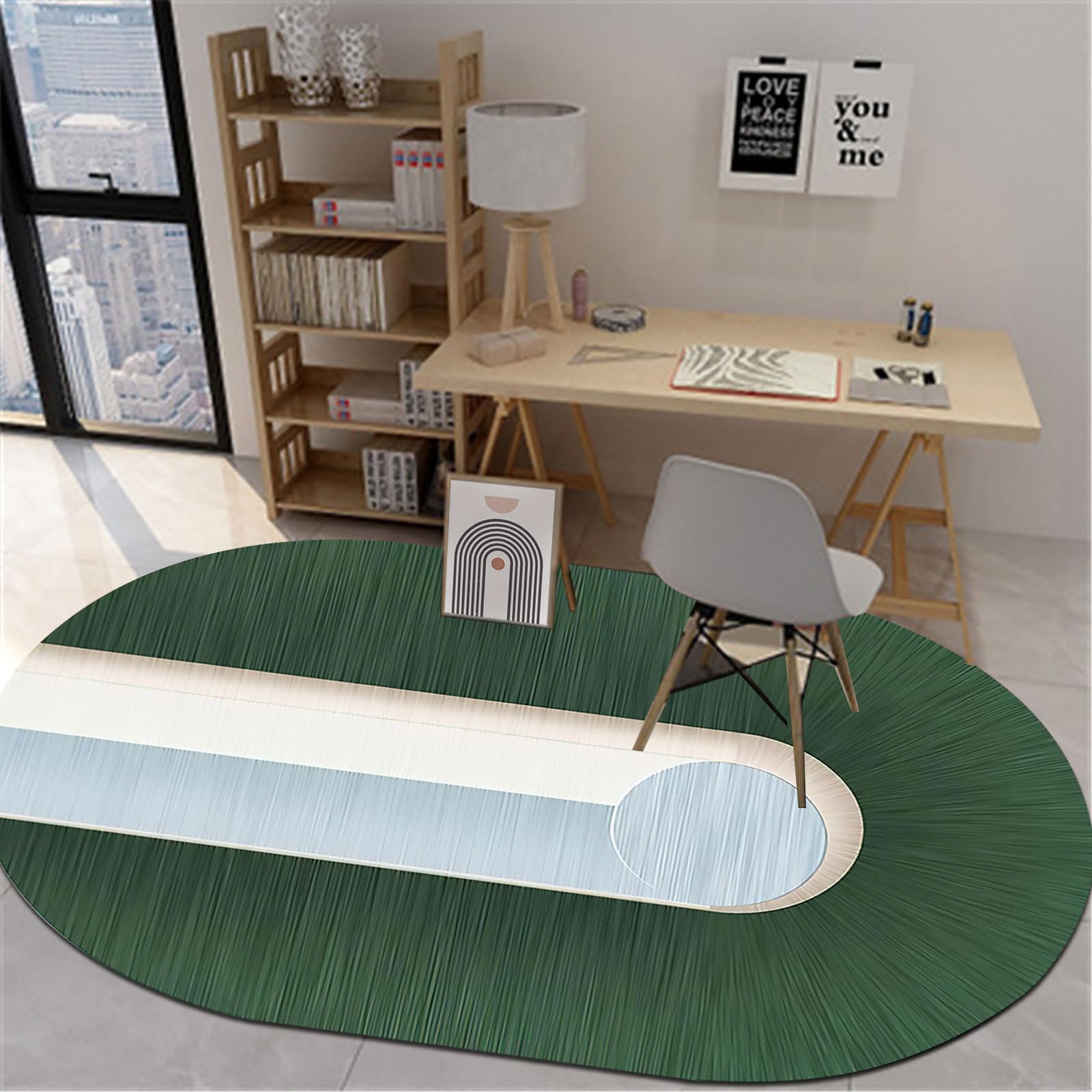 Tapis géométrique bleu vert pour réchauffer l'ambiance de la chambre