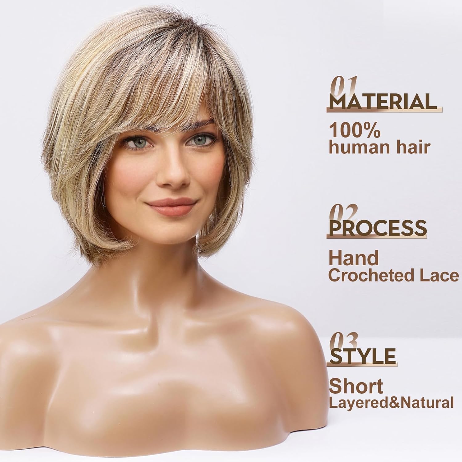 HAIRCUBE Short Ombre Blonde Wig for Women Hand-Tied Lace Front Human Hair Wig Layered Bob Wig with Bangs Blonde Mixed Brown Natural Wig for Daily Use - Image 2