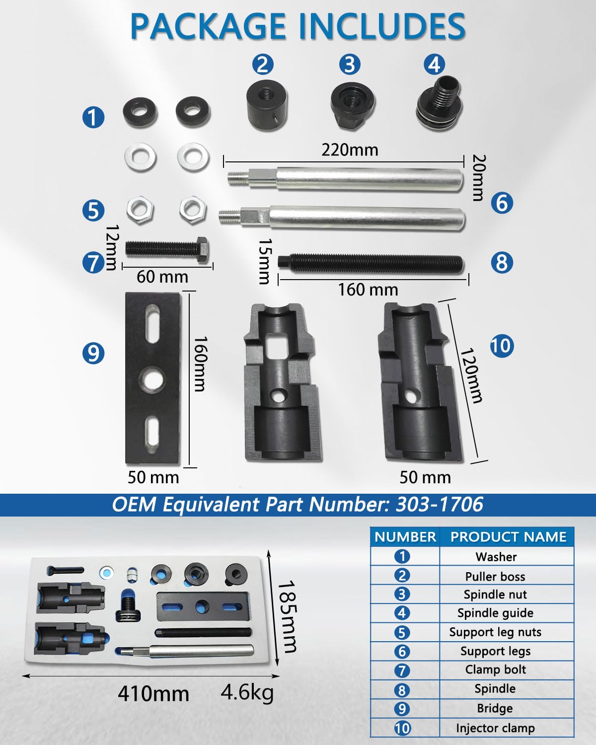 Kit di strumenti di rimozione dell'iniettore di carburante diesel compatibile con Ford Edge Focus Galaxy S-Max Kuga Mondeo Ranger Tourneo Transit 2.0 EcoBlue Engine 303-1706