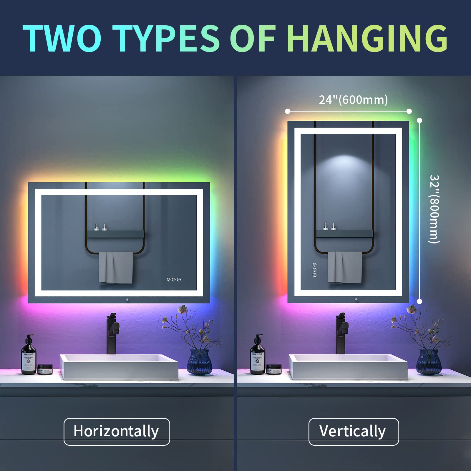 HANLIAN 32x24 Inch Wall Led Mirror for Bathroom, RGB Backlit Mirror Bathroom, Anti-Fog Rectangle Bathroom Vanity Mirror with Lights, Dimmable Touch Control Light Mirror with Memory Function