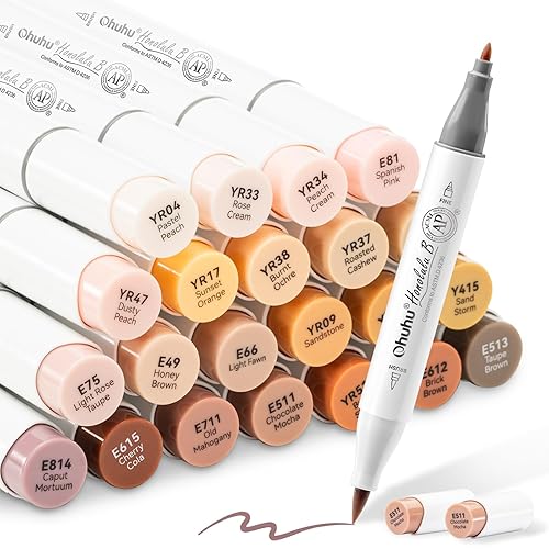 Ohuhu 24 marqueurs à alcool pour les couleurs de peau, pinceau et ciseau marqueur artistique pour croquis marqueurs à base d'alcool pour la coloration pour les tons de peau et les nuances de cheveux - 24 Couleurs