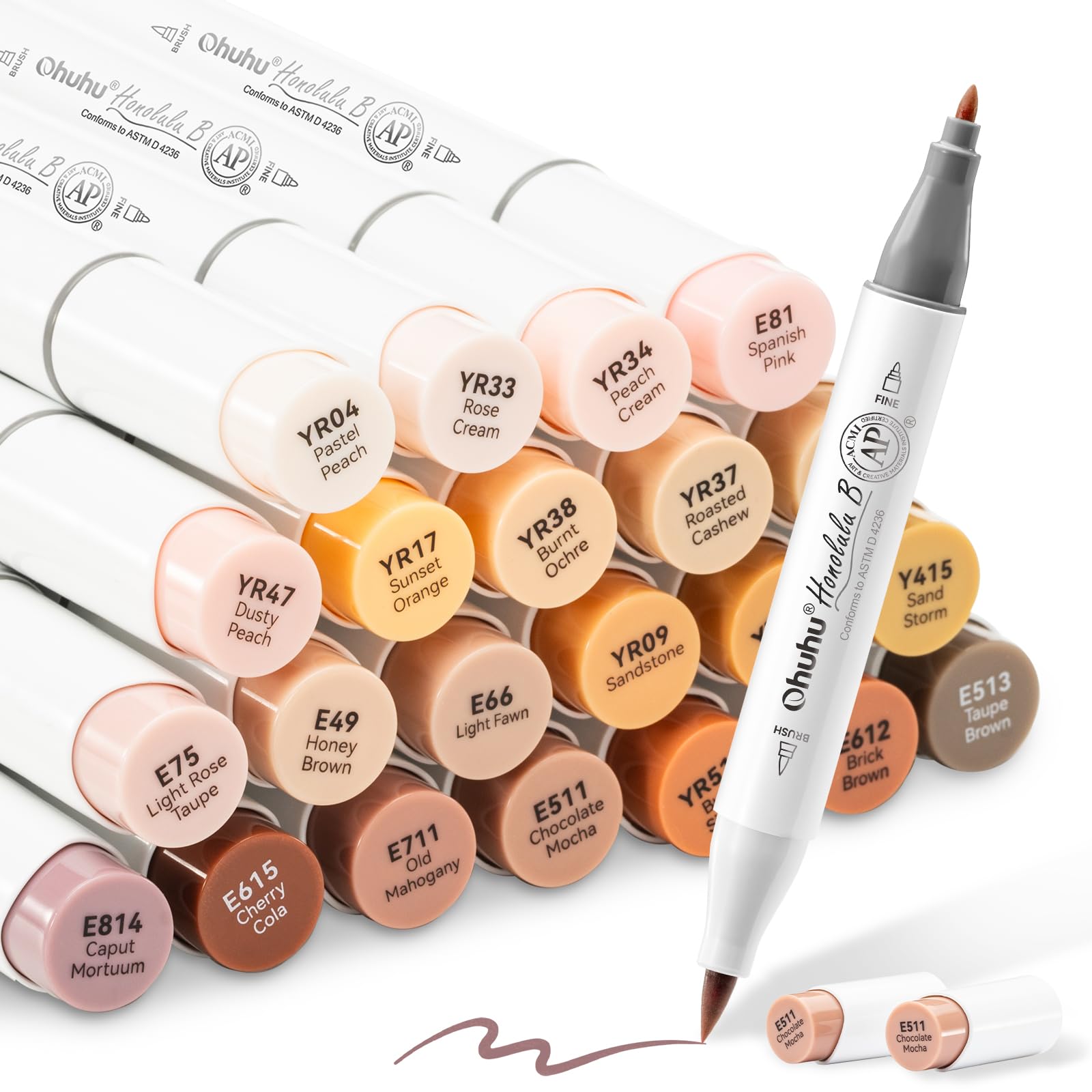 Ohuhu Marker 24 Set Pelle pennarelli alcolici a Colori, Pennello e fine Pennarello a Base di Alcool per Schizzi d'Arte, per Colorazione tonalità della Pelle di Tono Medio e per Capelli