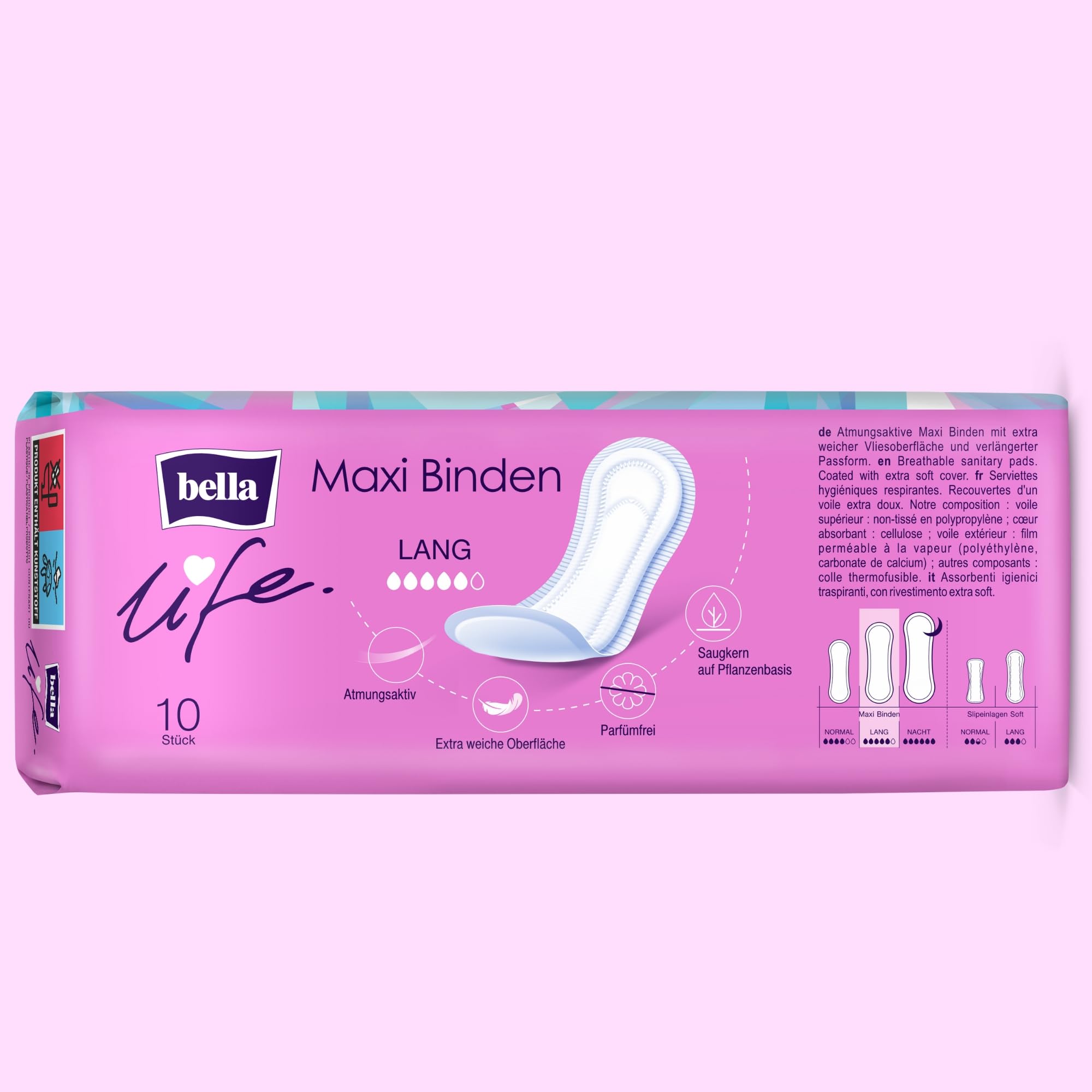 bella life Maxi Damenbinden ohne Flügel Lang 100 Stück (10x10) parfümfrei weich