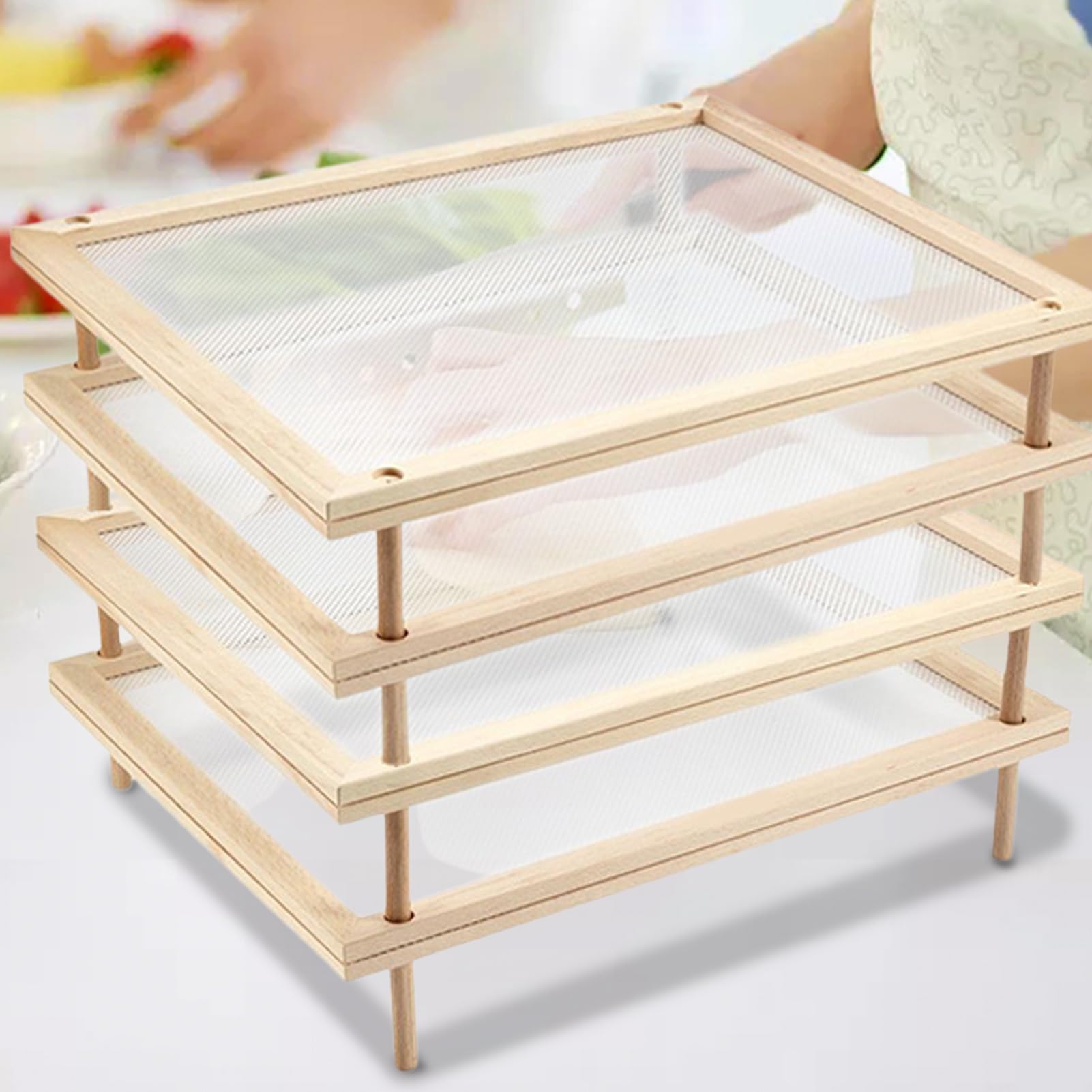 Séchoir à Herbes en Bois, Double Couche, Outil de déshydratation, Polissage, étagère de Rangement Ouverte, séchage à l'air, avec Filet, Accessoires de Cuisine