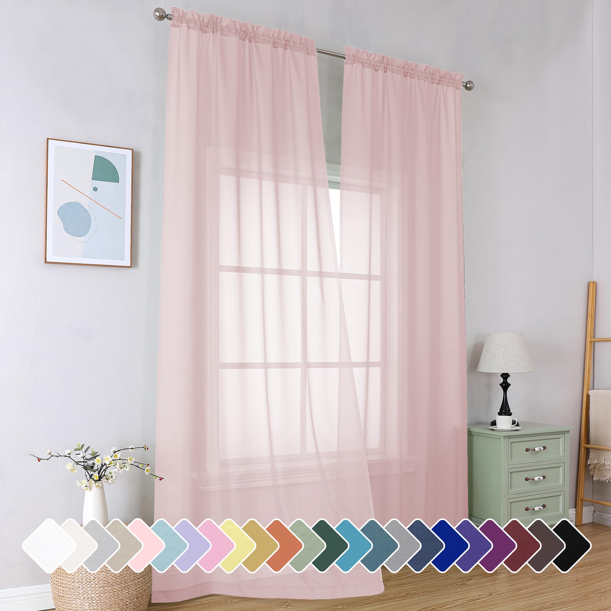Simplebrand Purple Blush Sheer Curtains 96 Inches Long 2 Panels for Bedroom
