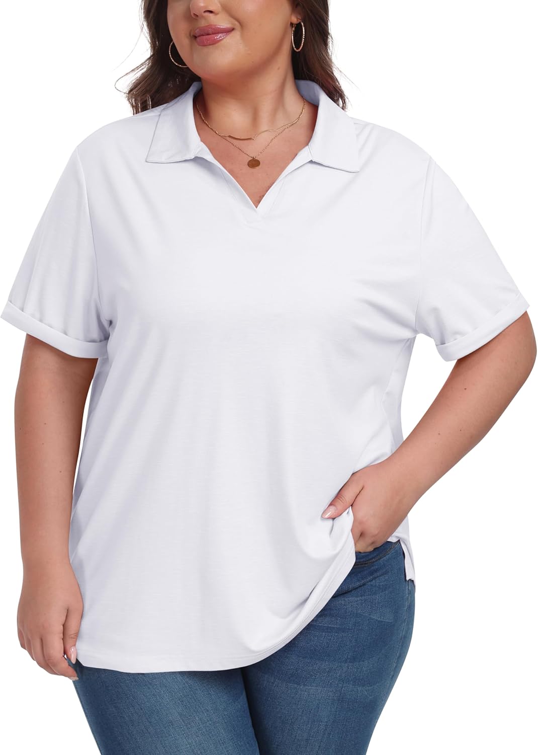 MoFiz Women's Plus Size Golf Polo Shirts Loose Fit Short Sleeve V-Neck Tennis Workouts Tops, XL-5XL