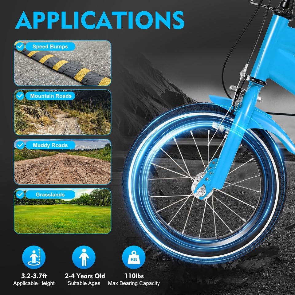 MccoMMon Vélo pour enfant de 14 pouces à partir de 4 ans, vélo pour garçon et fille, avec roues d'entraînement, freins à rétropédalage, roues supplémentaires réglables en hauteur, double système de