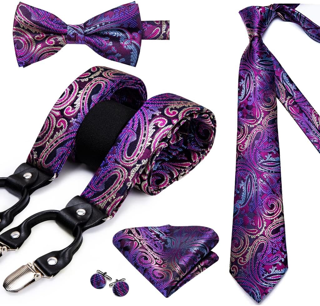 Silk Adult Mens Suspender Set 6 Clips Strong Braces Vintage Y Back Suspenders Bowtie Tie Hankerchief Cufflinks Adjustable