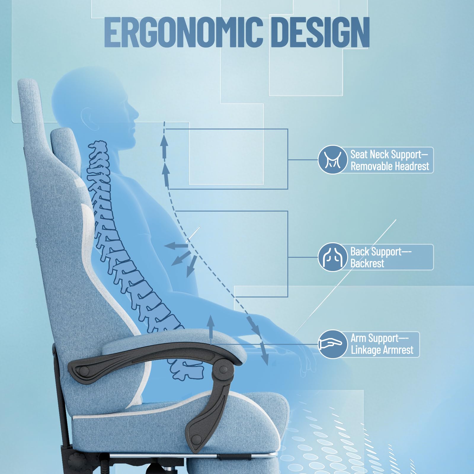 Silla de gaming ergonómica con función de masaje, reposapiés, almohada extraíble, reposabrazos integrados, soporta 110 kg, silla de PC para oficina y hogar, color azul