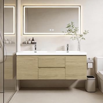 60 Inch Floating Bathroom Vanity with Double Sink, Wall Mounted Vanity with 2 Soft-Close Drawers & Integrated Sinks Natural Oak