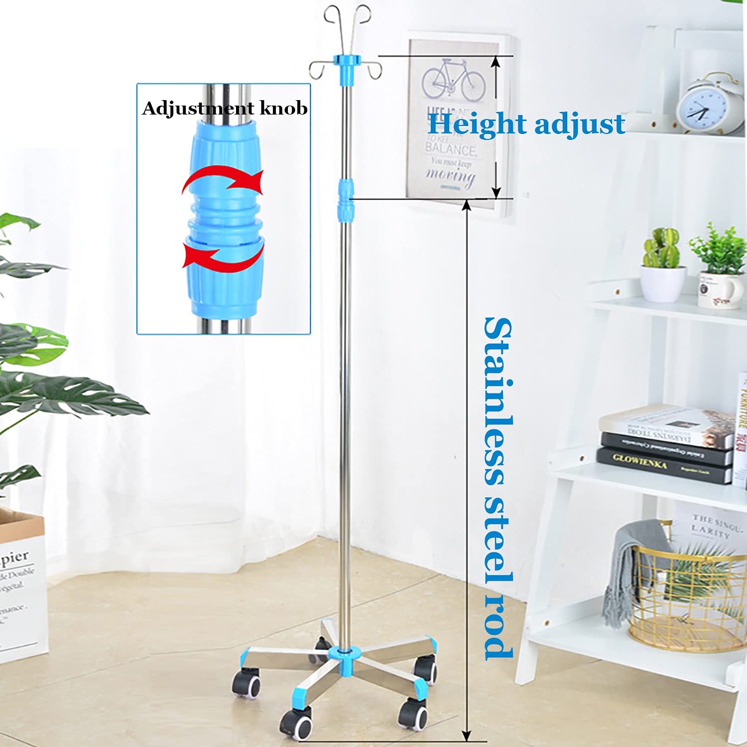 Winter Soporte para suero intravenoso portátil de Acero Inoxidable Grueso, Altura Ajustable Antideslizante y Estable, 4 Ganchos, 5 Ruedas universales (Size : 4 Wheels)