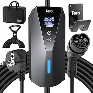 Tera EV Charger Portable Type 2 with 7 m Charging Cable 3.68 kW 16 A Schuko EV Charger Box Adjustable Current Clear LCD Display IP66 Waterproof Cable Holder Cable Tie German User Manual