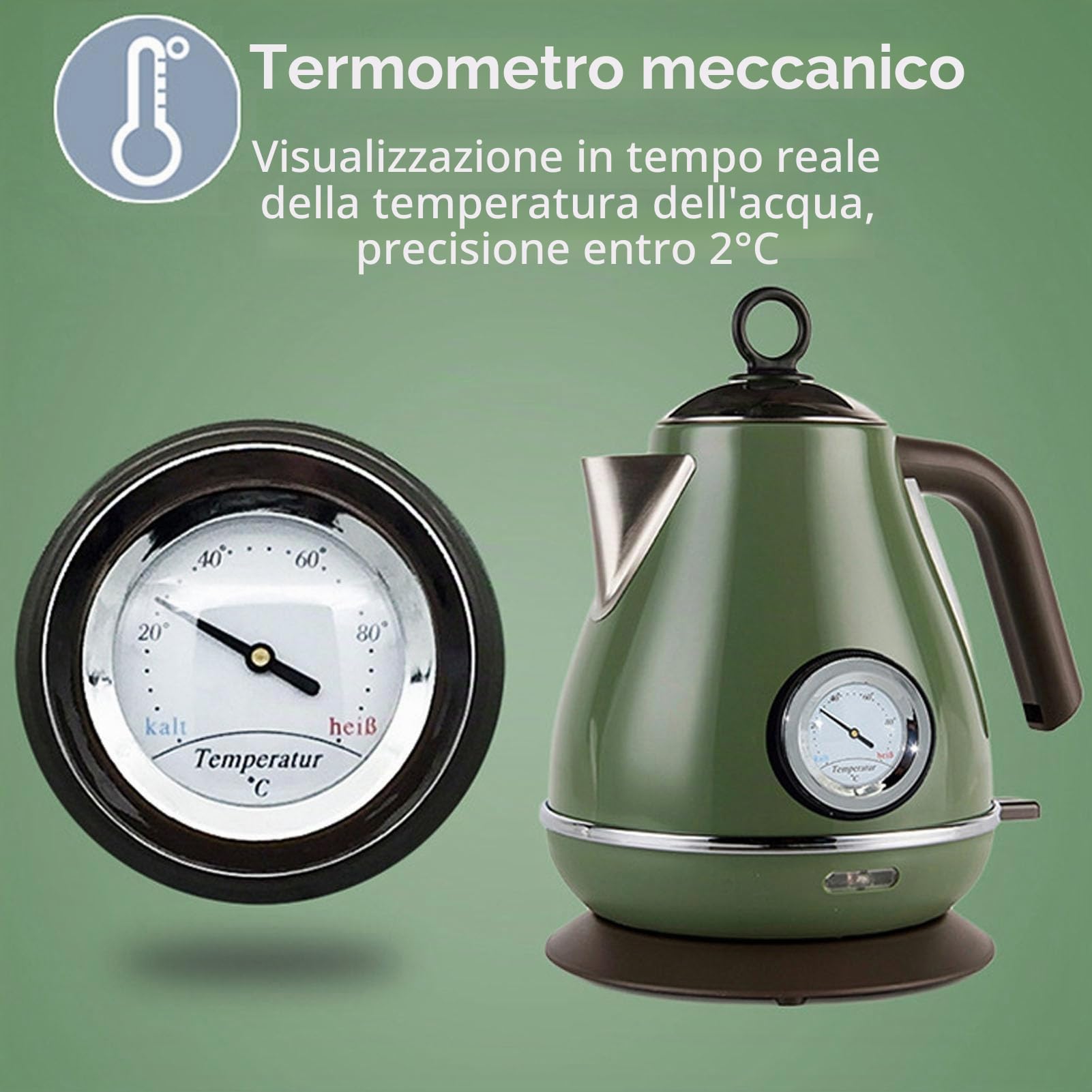 Qcwwy Display della Temperatura del Bollitore Elettrico, Bollitore Elettrico retrò da 1,7 Litri in Acciaio Inossidabile per Spegnimento Automatico dell'Acqua Bollente e Protezione(Atrovirens)