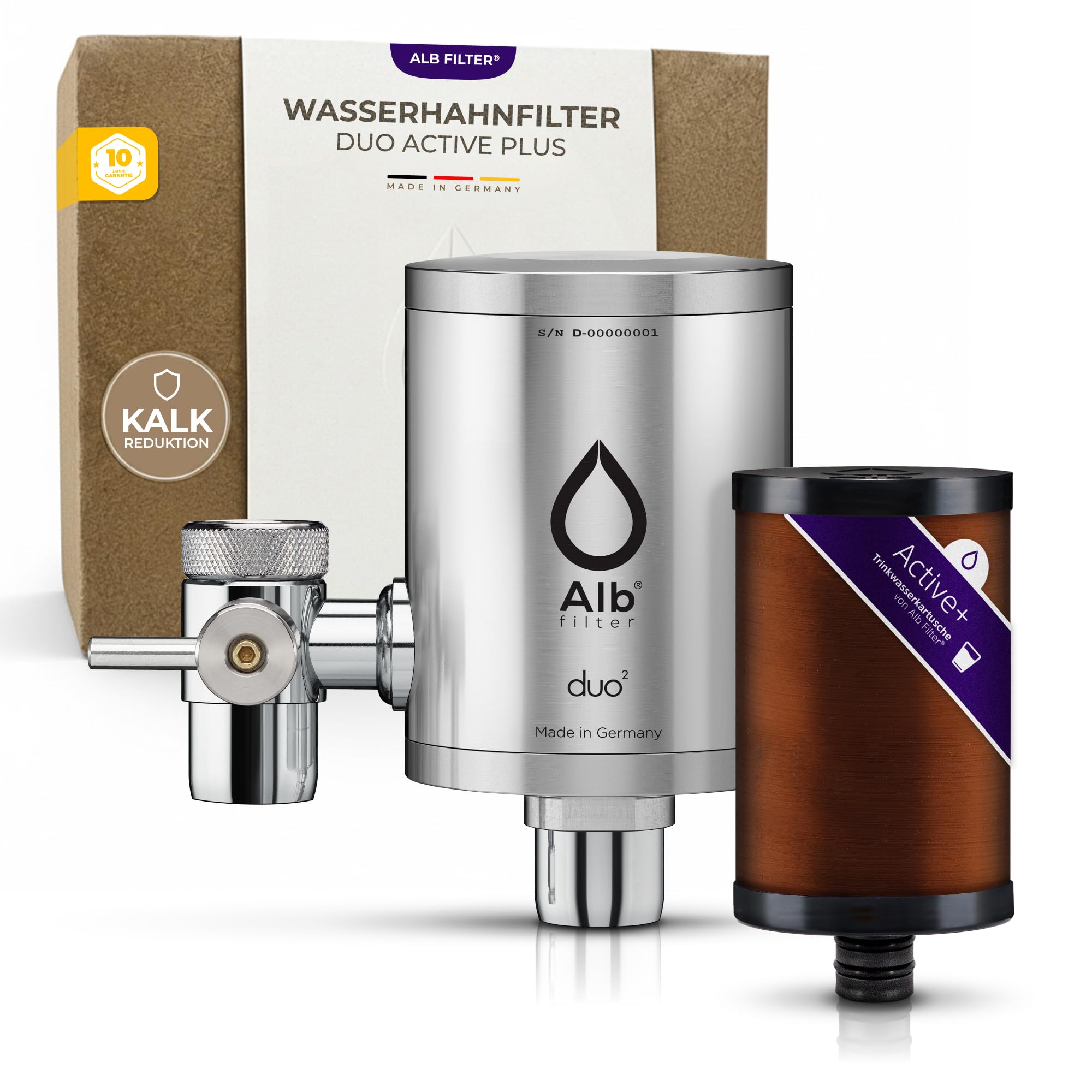 Alb Filter Duo Active Plus+ Trinkwasserfilter Edelstahl Natur – Wasserfilter Wasserhahn für sauberes Trinkwasser – Filtration von Schadstoffen, Bakterien & Kalk – Wasserfiltersystem Made in Germany