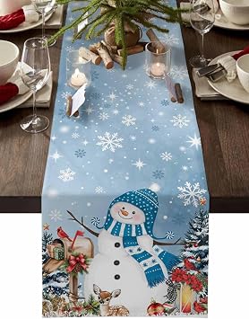 DecorLovee Blue Christmas Snowman Table Runners 60 Inches Long, Xmas Tree Elk Balls Snowflake Farmhouse Table Runner Dress Scarves, Decorative Coffee Tablerunner for Kitchen Island/Party 13"x60"