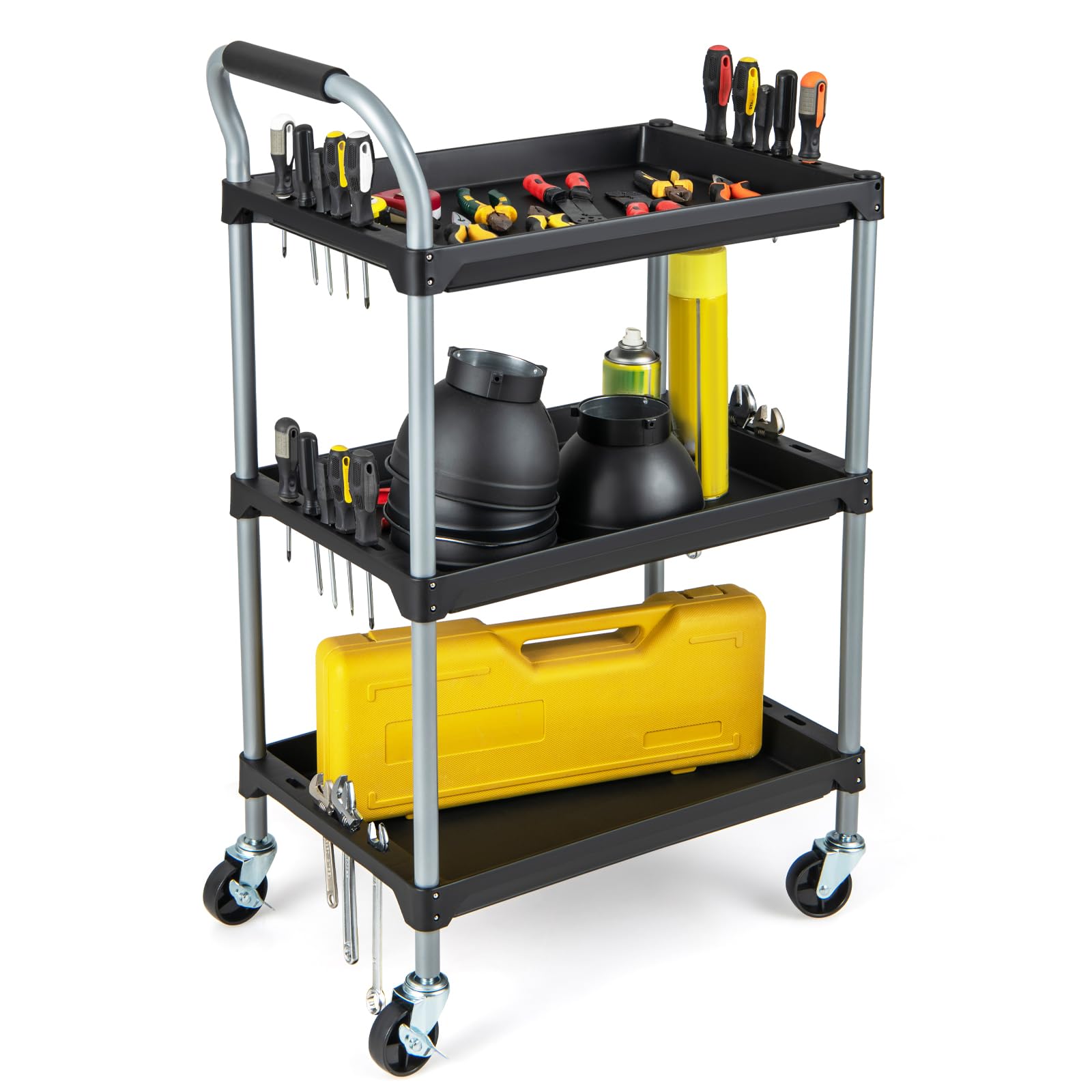 GOPLUS Chariot Servante Outils, Chariot de Service Porte Outils à 3 Étagères avec Trous de Suspension avec 4 Roues et Poignée, pour Garage, Atelier et Entrepôt, 64 x 40 x 102 CM