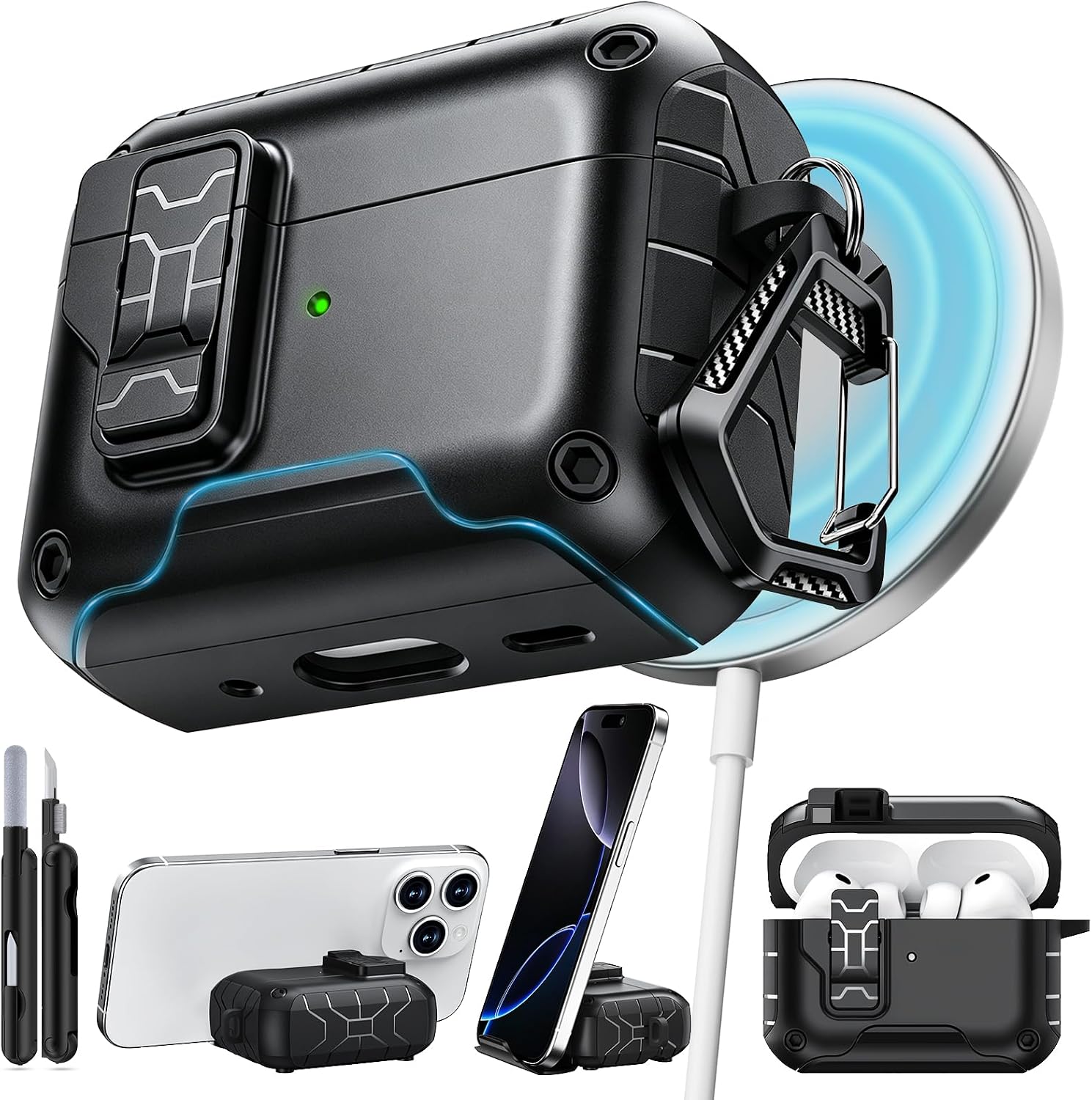Pohgelan for AirPods Pro 3 Case (2025) Mechanical Model (Black) | with Phone Stand & Cleaning Kit,Compatible with Magsafe,Magnetic Automatic Lock Cover for AirPods Pro 3rd Generation