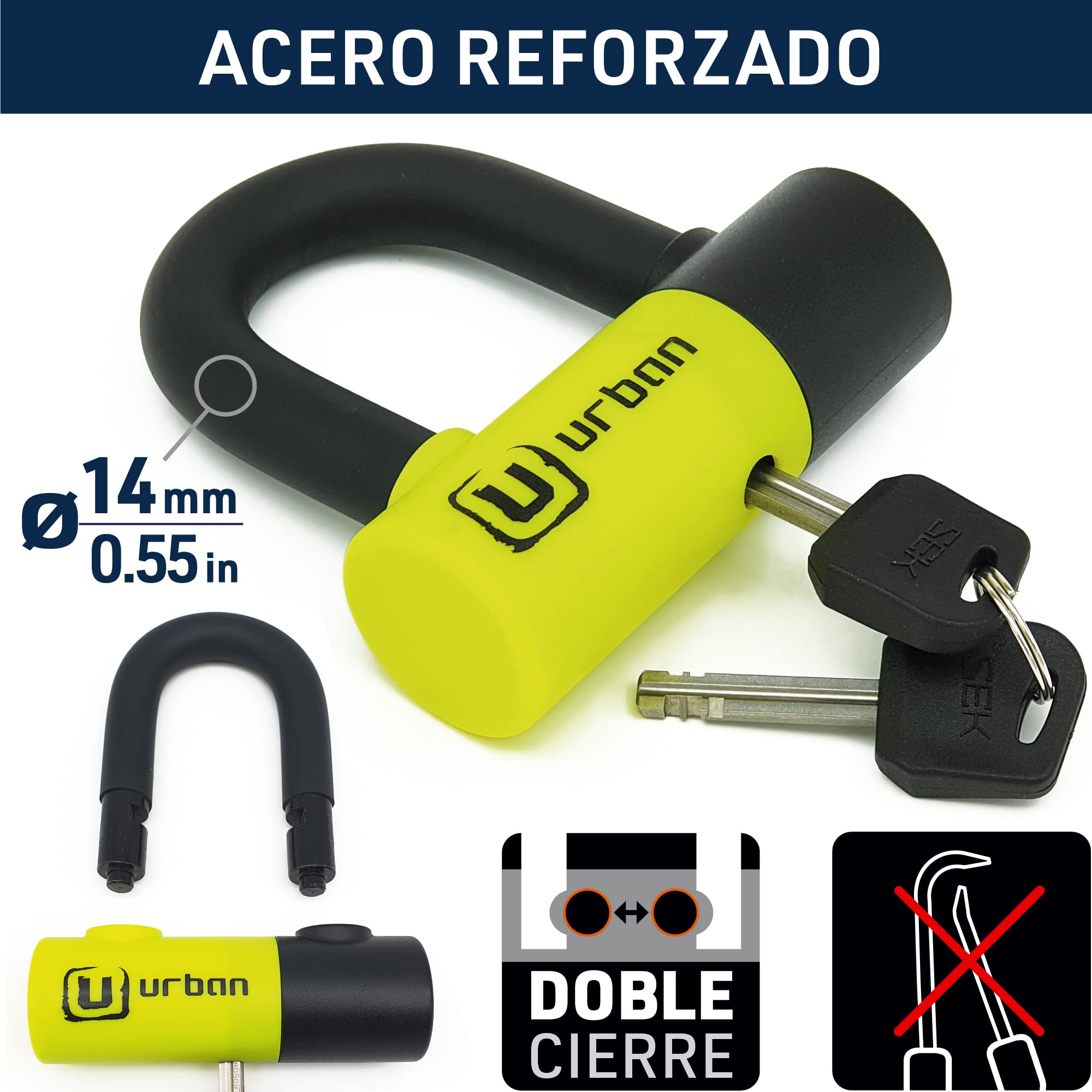 URBAN UR59120 Candado Antirrobo Mini U con Cadena Lazo 120 cm, Doble Función Más Seguro para Candado Moto Disco, Cerradura Alta Seguridad y Doble Cierre, Antirobo Universal para Moto,Scooter Bicicleta